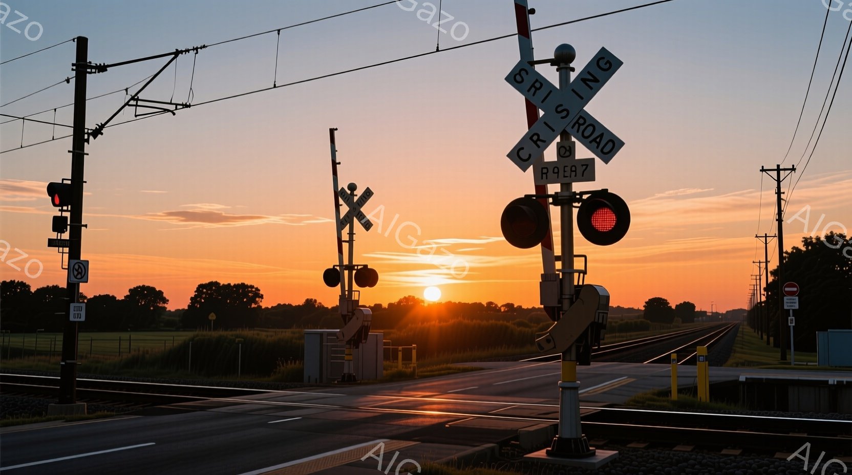 線路の警報機と横断歩道が、夕焼け空の下に広がっている。オレンジと赤色のグラデーションが空を染め上げ、遠くの田園風景をシルエットで浮かび上がらせている。道路の舗装と草地の緑が、温かい光の中でコントラスト - AI生成フリー素材