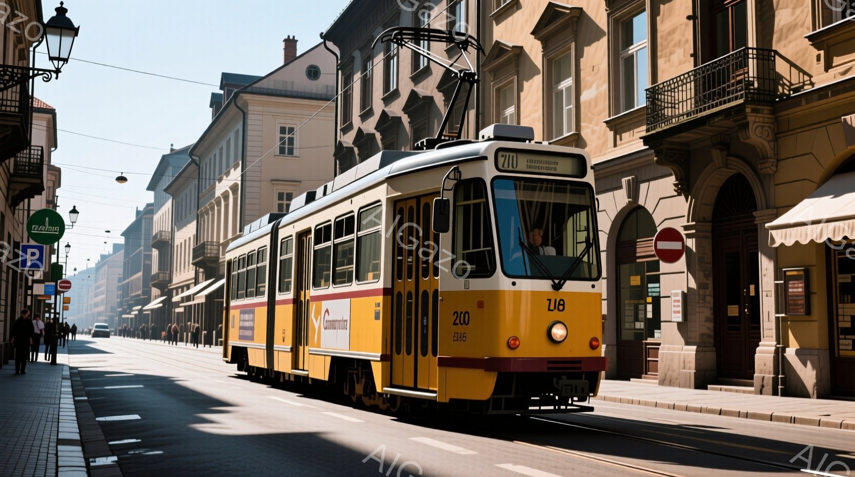 黄色い路面電車が石畳の通りを走っており、周辺には歴史的な建物が並んでいる。人々は主に黒いコートやジャケットを着ており、歩行者たちは日常の活動をしているように見える。明るい日差しと建物の影が、穏やかで落 - AI生成フリー素材