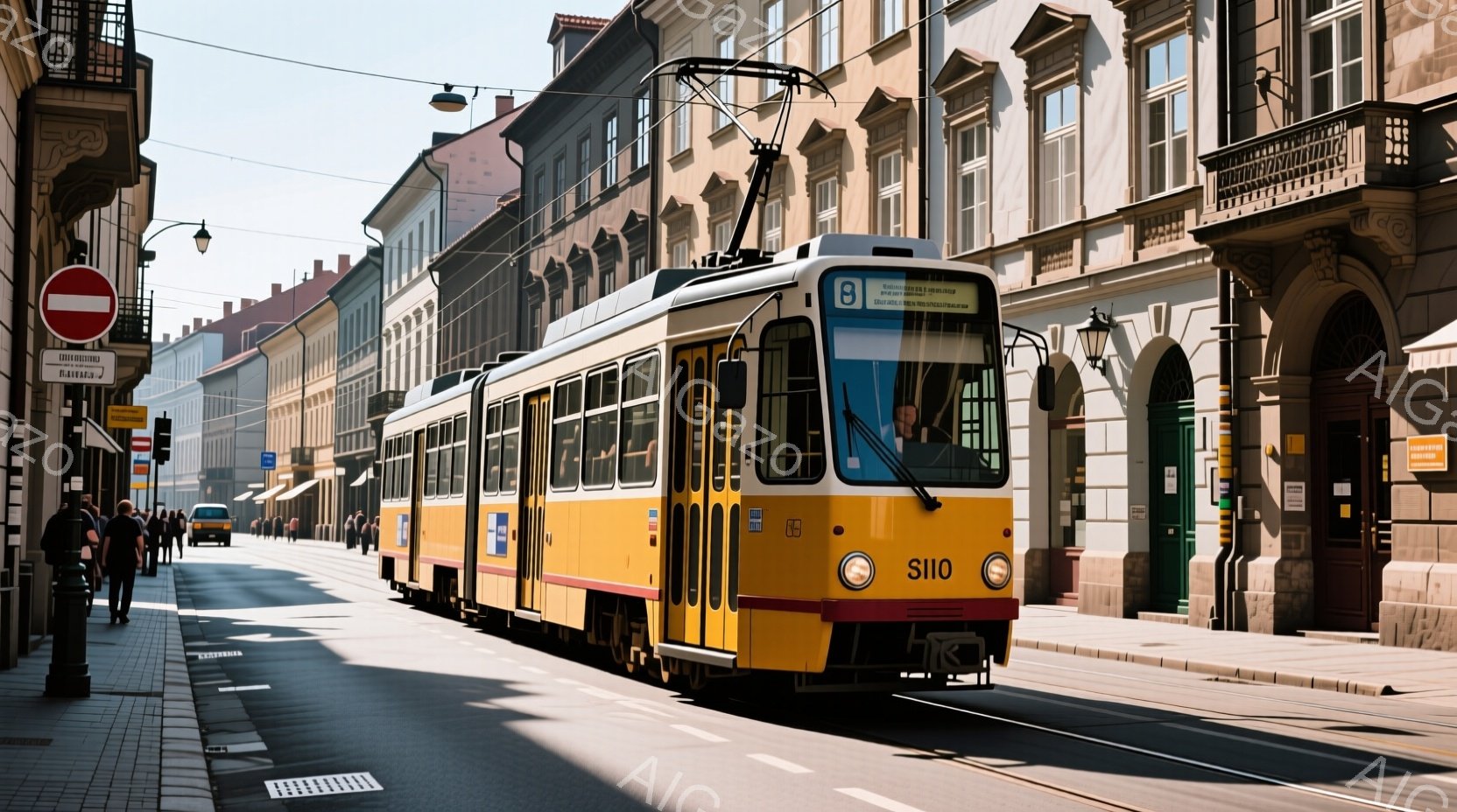 街路を黄色い路面電車が走行している写真です。建物は歴史的な様式で、影が長く伸び、晴れた日の午後のように見えます。歩道には数人の人が歩いており、普段の日常的な風景が広がっています。 - AI生成フリー素材