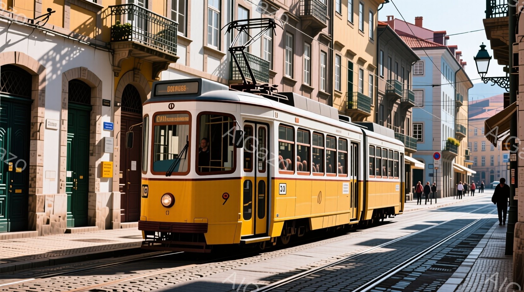 鮮やかな黄色の路面電車が石畳の通りを走っている様子が描かれている。建物は歴史的な外観を持ち、路面電車と石畳の道が、ポルトガルの街並みを象徴している。明るい日差しと影が、暖かくノスタルジックな雰囲気を醸し出している。