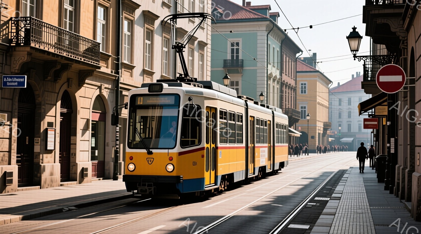 白と黄色のストライプが印象的な路面電車が石畳の通りを走っている。周囲には歴史的な建物が立ち並び、一部の人々は歩道を歩いているが、表情や服装ははっきりとは見えない。晴天で日差しが強く、全体的に落ち着いた雰囲気の中に、歴史を感じさせる穏やかな光景が広がっている。