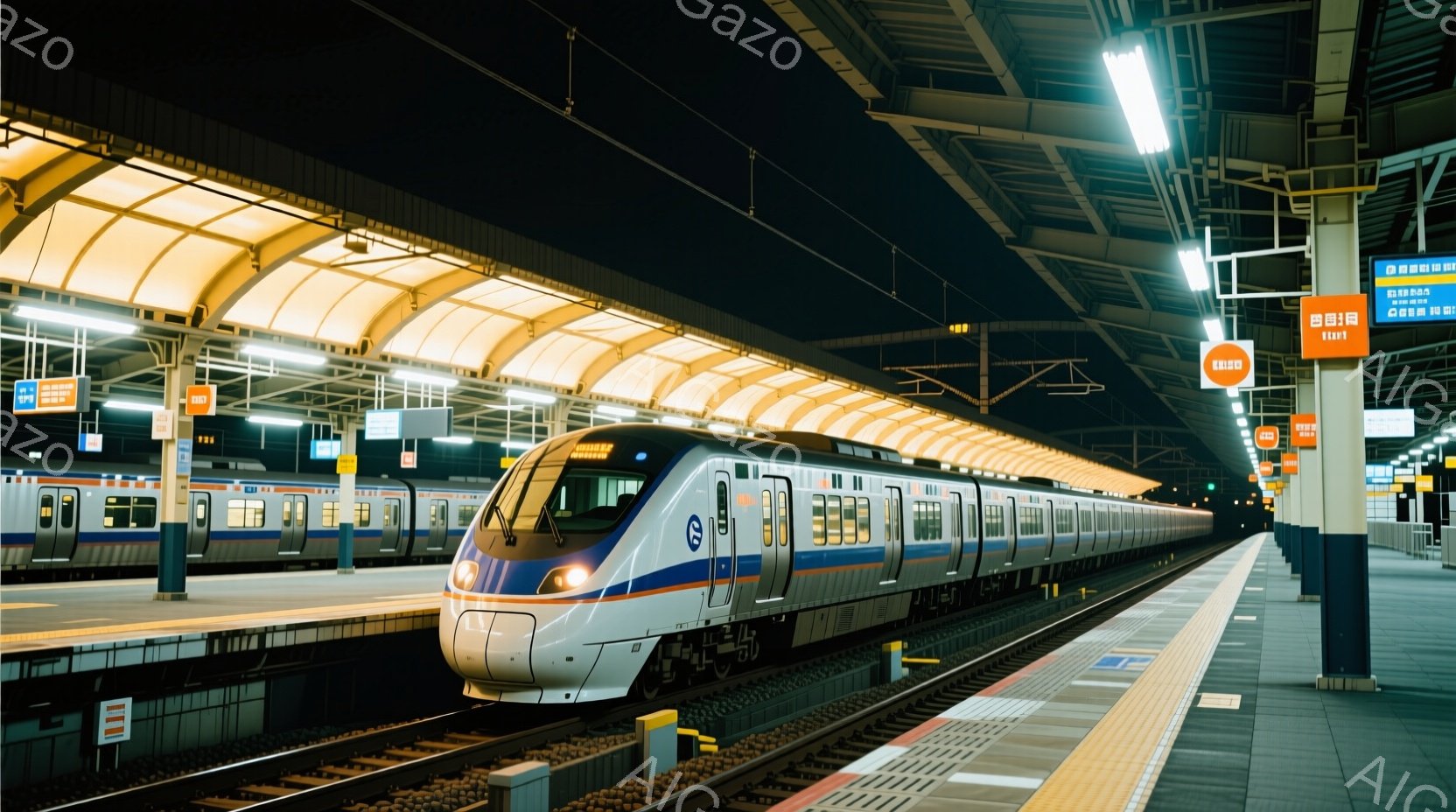 白と青を基調とした流線形の高速鉄道が駅のプラットフォームに停車しており、その近代的なデザインが目を引きます。プラットフォームには黄色い安全線が引かれ、夜間の駅の明るい照明が列車の滑らかな曲線と照らし合わせて、未来的な雰囲気を醸し出しています。背景には他の列車が見え、駅構内の近代的な建築と夜空が広がっており、静寂の中にわずかな活気を感じさせます。