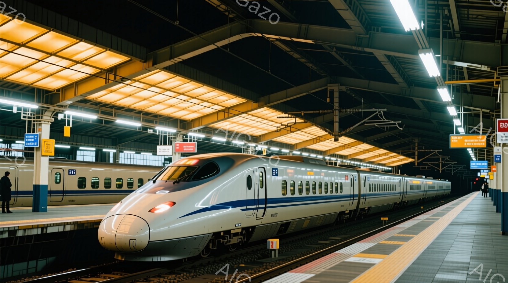 白い新幹線が駅のプラットフォームに停車しており、その流線形のデザインが際立っている。ホームには数人の人々が見え、彼らは新幹線の到着を待っているか、降りる準備をしている様子である。駅の天井は高く、明るい照明が照らし出し、近代的な雰囲気と列車のスピード感を強調している。