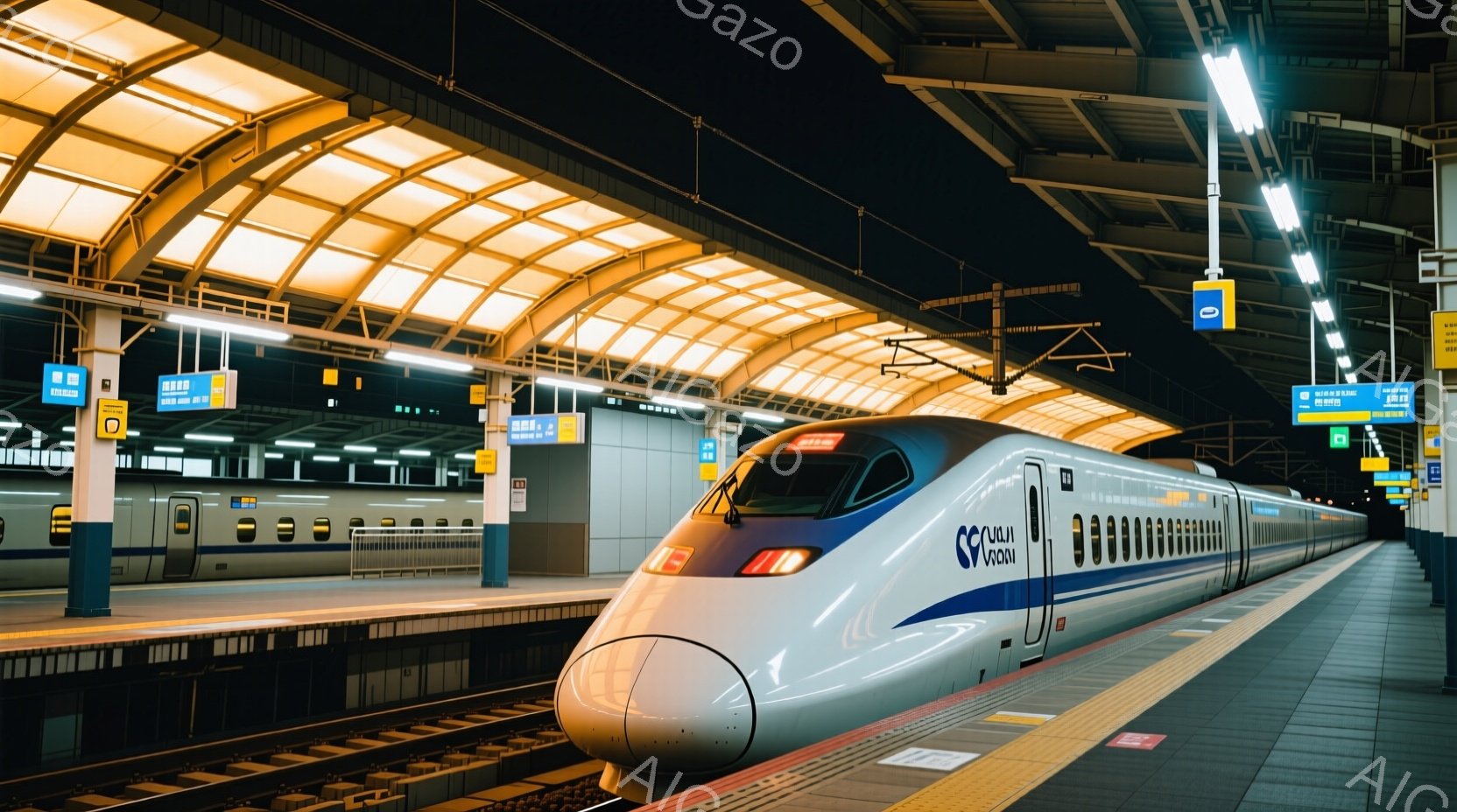 白い新幹線が駅のプラットフォームに停車しており、その流線形のデザインが際立っています。プラットフォーム上には黄色い安全線が引かれ、頭上の照明が新幹線を明るく照らしています。全体的に、近代的な駅の静けさと、新幹線のスピード感を組み合わせた雰囲気です。