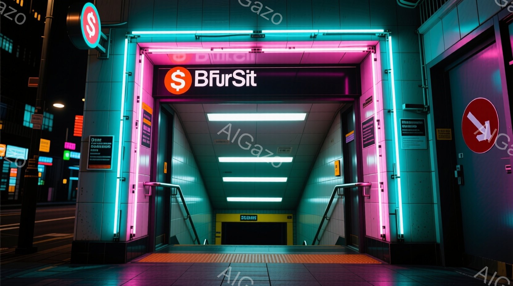 地下への入り口がネオンライトで明るく照らされています。ピンクとターコイズブルーの光がタイル張りの壁と階段を照らし、未来的な雰囲気を醸し出しています。入り口上には「$FurSit」と書かれた看板があり、近隣の建物は夜の闇に溶け込んでいます。