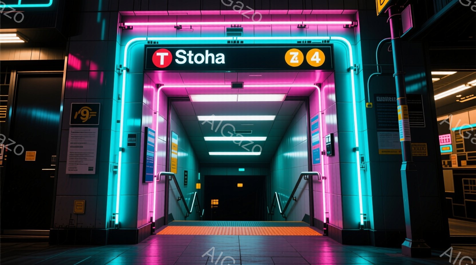 地下鉄の入り口が鮮やかなネオンライトで照らされています。紫と水色の光が廊下を照らし、未来的な雰囲気を醸し出しています。壁には案内板が設置され、モダンで都会的な空間が表現されています。