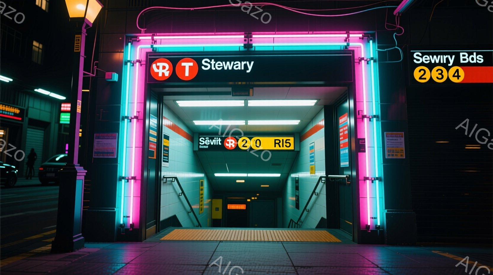 地下鉄の入り口が写真の中心に位置し、ネオンカラーのピンクと水色が印象的です。入り口の上には「Sévry」という駅名が表示され、階段が地下へと続いています。夜の都市の風景が背景に広がり、落ち着いた雰囲気ながらも、ネオンカラーが未来的な印象を与えています。