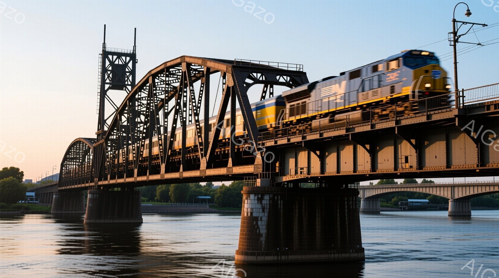 古いレンガ造りの橋脚が水面に浮かび、その上を鉄製の大きな橋が力強く架かっている。橋の上を黄色と黒の線路を走る列車が通過し、夕暮れ時の穏やかな水面に反射している。背景にはぼやけた建物と穏やかな空が広がり - AI生成フリー素材