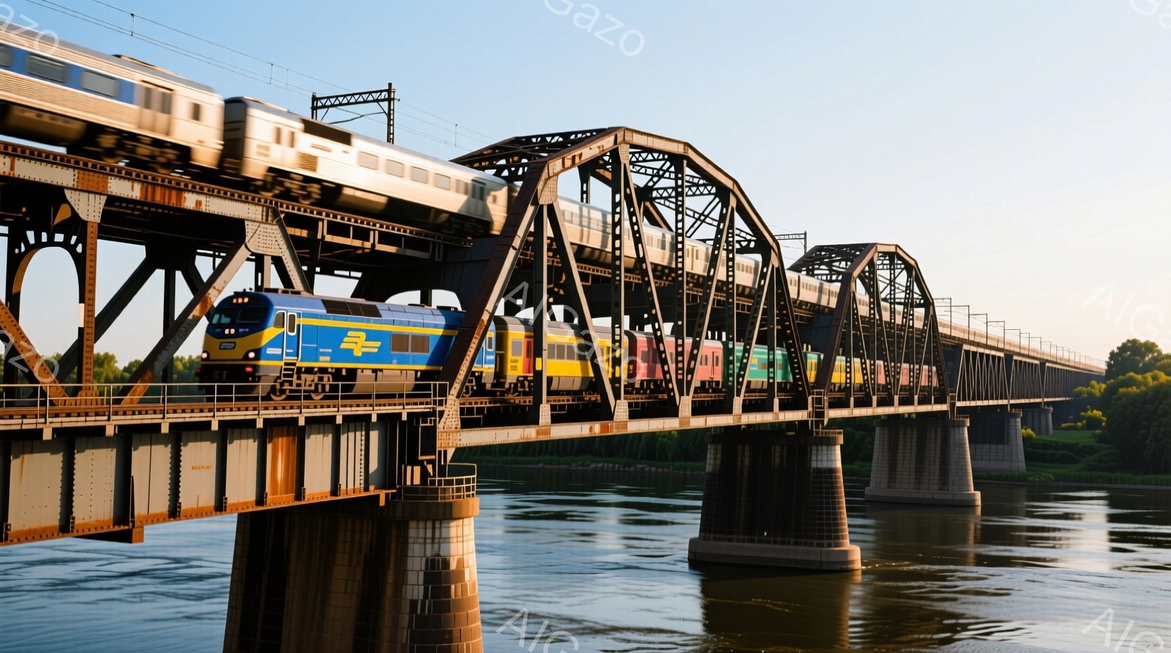 鮮やかな青と黄色の機関車が、錆びた金属製の橋の上を高速で走っている。橋は頑丈な石の柱によって支えられ、穏やかな川の上を架けている。背景には緑豊かな植物が見え、穏やかで平和な雰囲気を醸し出している。