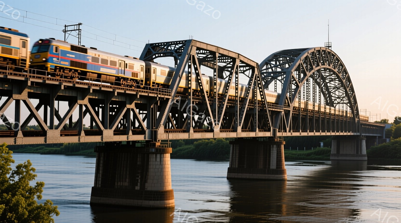 強固な鉄骨構造の橋が、穏やかな川の上を堂々と架かっている。橋の上には、青と黄色のストライプが入った列車が走り、夕暮れ時の空を背景に、その姿が際立っている。川面は静かで、橋の柱が水面に映り込み、穏やかで平和な雰囲気を醸し出している。