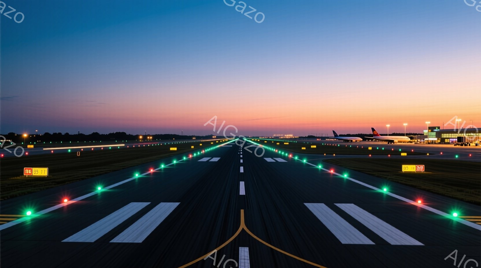 滑走路が遠くまで伸びており、オレンジと紫が混ざり合った空が美しい夕暮れ時を捉えている。滑走路脇には緑と赤の誘導灯が規則的に並び、遠方には空港ターミナルと飛行機が見える。全体的に静寂で幻想的な雰囲気が漂い、離着陸の準備を待つ滑走路の壮大さを感じさせる。