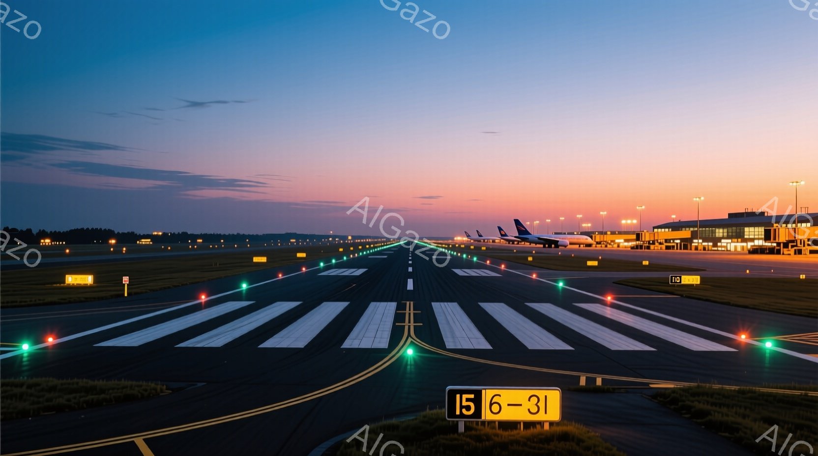 滑走路が夕焼け空の下に長く伸びており、その遠方には管制塔といくつかの航空機が見えます。滑走路脇には誘導灯が点灯し、暗闇の中で白線が際立っています。全体的に、夜間の空港の静けさと、これから始まる旅の期待感が感じられる、穏やかで美しい光景です。