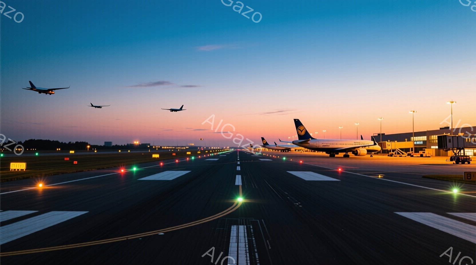 滑走路が手前に広がり、夕焼け空の下で複数の飛行機が離着陸を待っている様子が描かれています。滑走路脇には誘導灯が点灯し、遠くには空港ターミナルビルが見え、オレンジと紫が混ざり合った空が、静かで少し寂しげな雰囲気を醸し出しています。滑走路は長く、飛行機が小さく見えることから、広大な空港のスケールが感じられます。