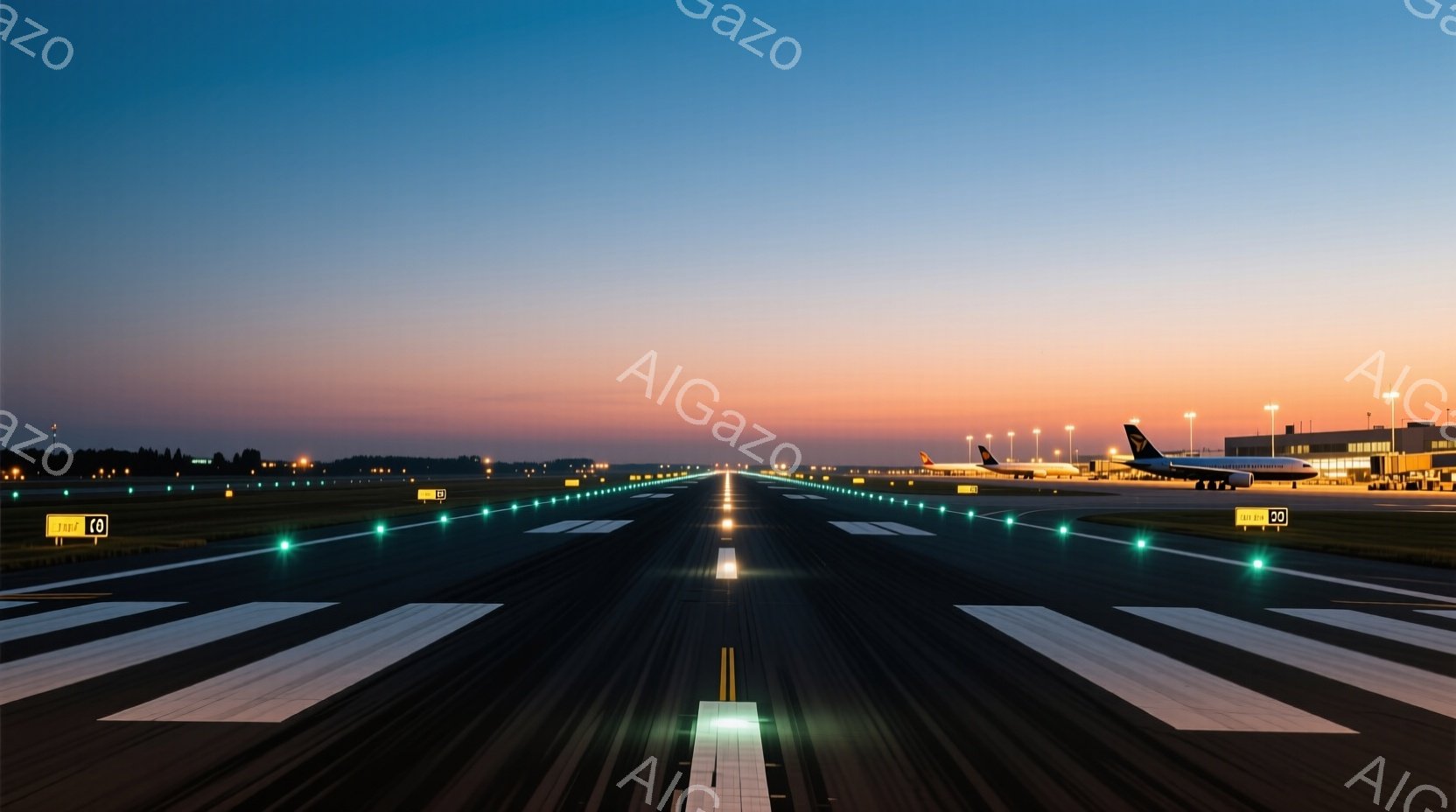 滑走路が遠くまで伸びており、その両脇には夜間でも視認性を確保するための緑色の誘導灯が並んでいる。朝焼けのようなオレンジと紫が混ざった空が、滑走路とターミナルビルの輪郭を照らし、遠方には飛行機が数機駐機されているのが見える。全体的に静かで、旅立ちや新たな始まりを予感させる雰囲気である。