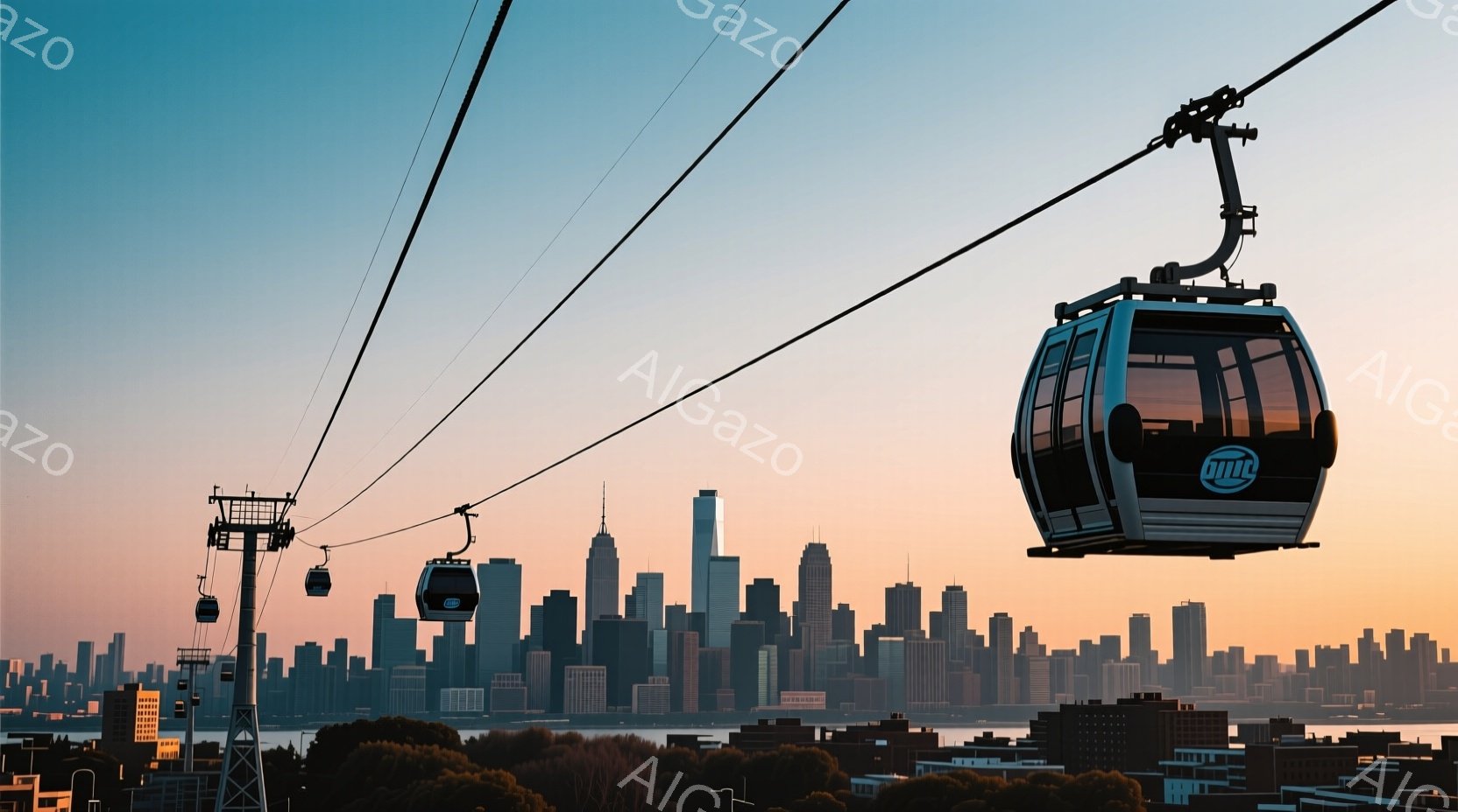 空には夕焼けが広がり、高層ビル群がシルエットとなって並んでいる。ゴンドラが空中に吊り下げられ、都市の風景を背景に移動している様子が捉えられている。緑豊かな低木が手前に見え、全体的に穏やかで都市の壮大さ - AI生成フリー素材