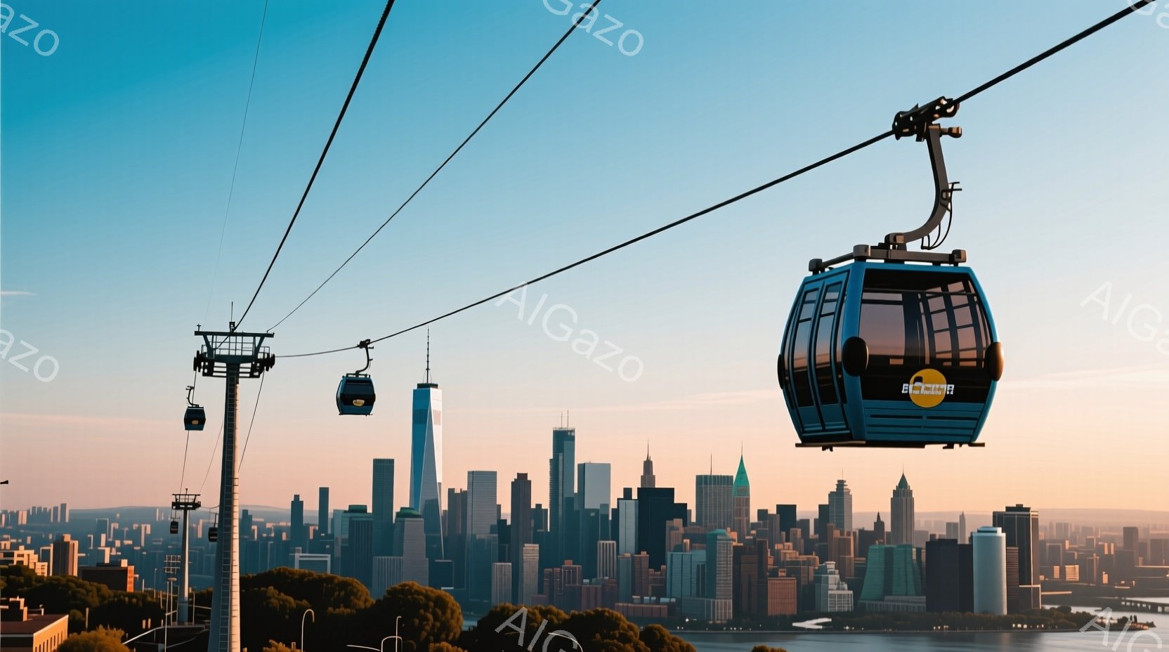 鮮やかな青色のゴンドラが、マンハッタンの摩天楼を背景に空を飛んでいる様子が捉えられています。夕暮れ時の空はオレンジと紫のグラデーションで、高層ビル群はシルエットとして浮かび上がり、自然の緑と都市の景観が調和しています。ゴンドラには明るい色のロゴが入っており、遠くには水面が見え、穏やかで未来的な雰囲気を醸し出しています。