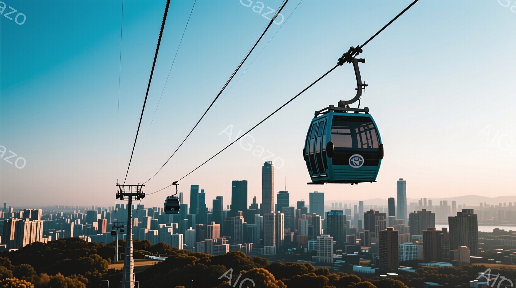 青いゴンドラが都市のスカイラインを背景に空中に浮かんでいる様子が描かれている。高層ビル群が密集し、麓には緑豊かな丘が広がり、遠くには水面が見える。空は晴れ渡り、穏やかな雰囲気で、都市と自然が調和した美 - AI生成フリー素材