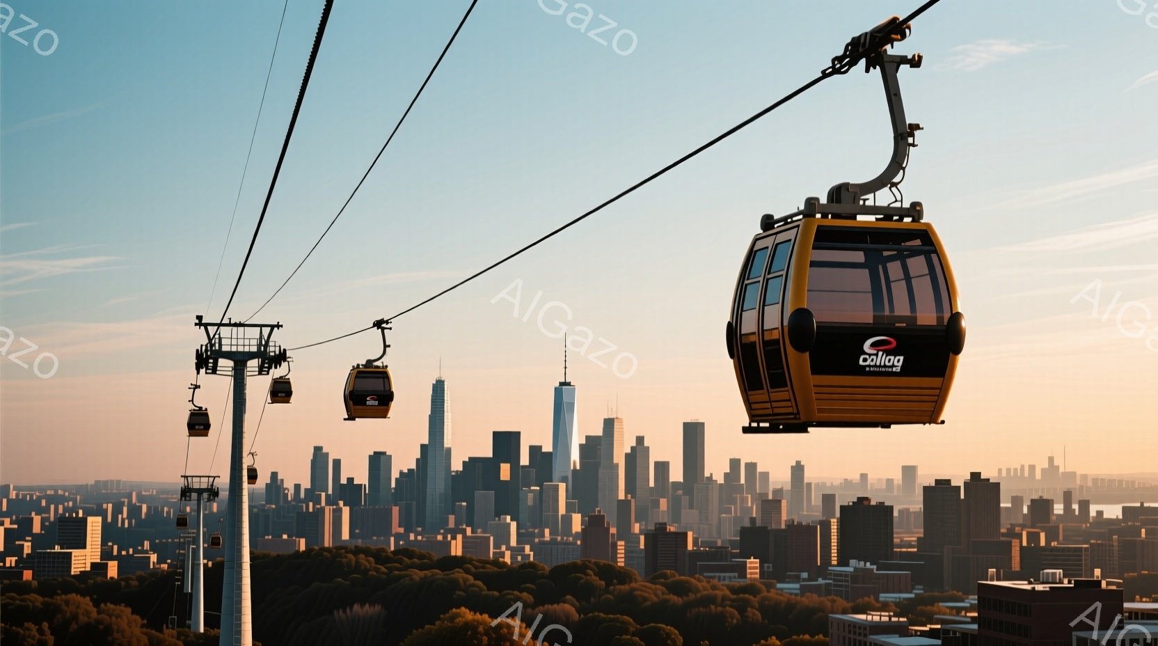 黄色のゴンドラが、ニューヨークの摩天楼を背景に空を走っている様子が描かれている。ゴンドラはケーブルカーシステムの一部であり、遠くに見える高層ビル群と緑豊かな森林が、都会と自然が共存する景観を作り出している。空は明るいオレンジ色と薄い青色が混ざり合い、穏やかで平和な雰囲気を醸し出している。