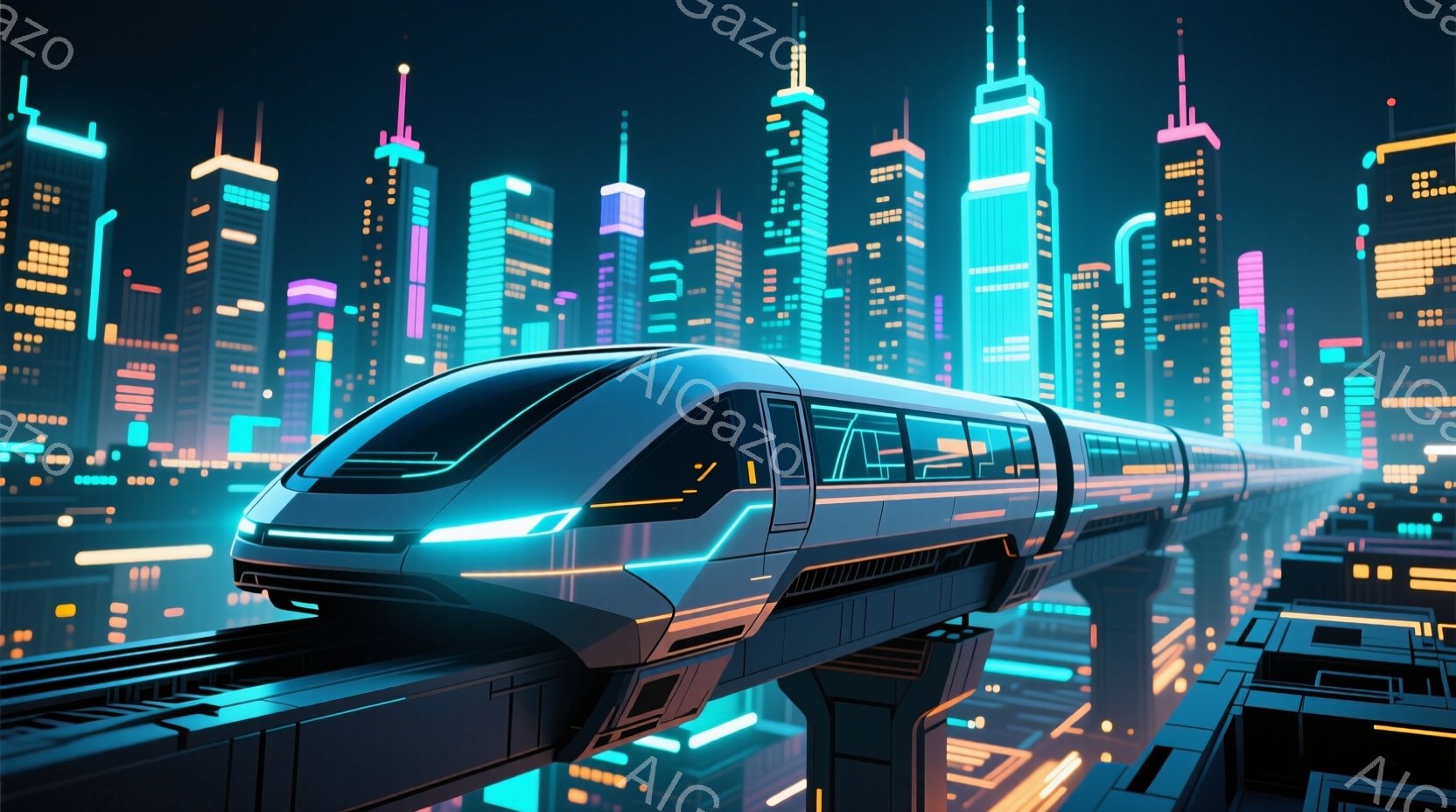 未来的なモノレールが、ネオンライトで照らされた都市の上空を疾走している。建物は幾何学的な形状をしており、鮮やかな青、ピンク、黄色の光で彩られている。全体的に、テクノロジーと希望に満ちた、鮮やかで夢幻的な雰囲気が漂っている。