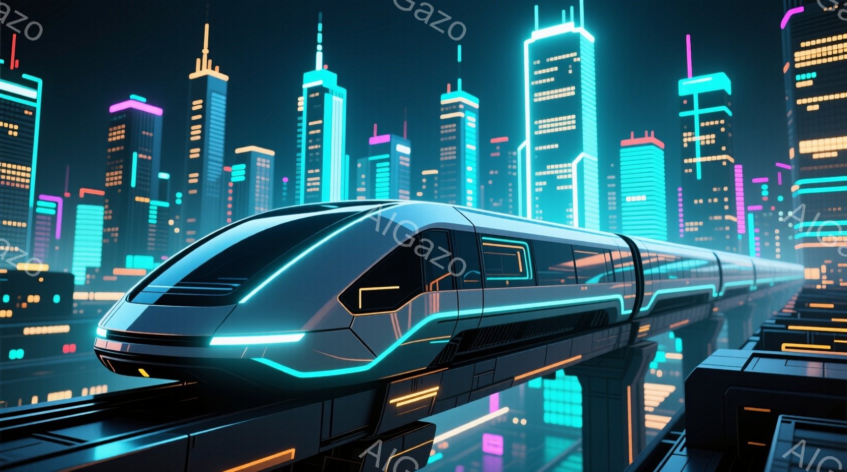 未来都市を疾走する流線形のモノレールが印象的な画像です。高層ビル群はネオンカラーで彩られ、夜の都市の活気と未来的な雰囲気を醸し出しています。モノレールは鮮やかな青い光を放ち、都市の明かりと調和し、未来 - AI生成フリー素材