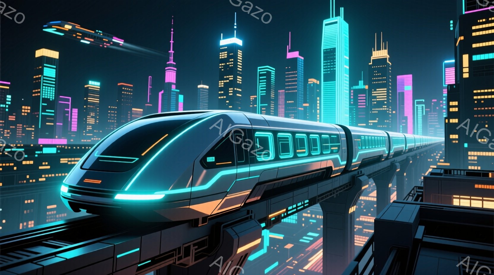 未来都市を疾走する流線型のモノレールが印象的な画像です。高層ビル群はネオンライトで彩られ、青や紫、オレンジなどの鮮やかな色彩が未来的な雰囲気を醸し出しています。夜空には光の筋が走り、全体としてサイバー - AI生成フリー素材