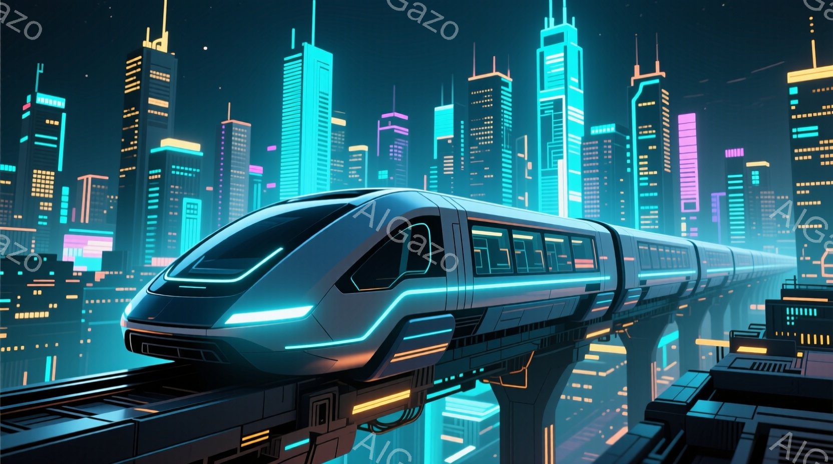 未来的な都市を走る流線型の高架列車が描かれています。高層ビル群はネオンライトで照らされ、紫、青、ピンク色の光が都市全体を彩っています。列車は高速で移動しており、そのデザインは洗練されていて、未来的な雰囲気を作り出しています。