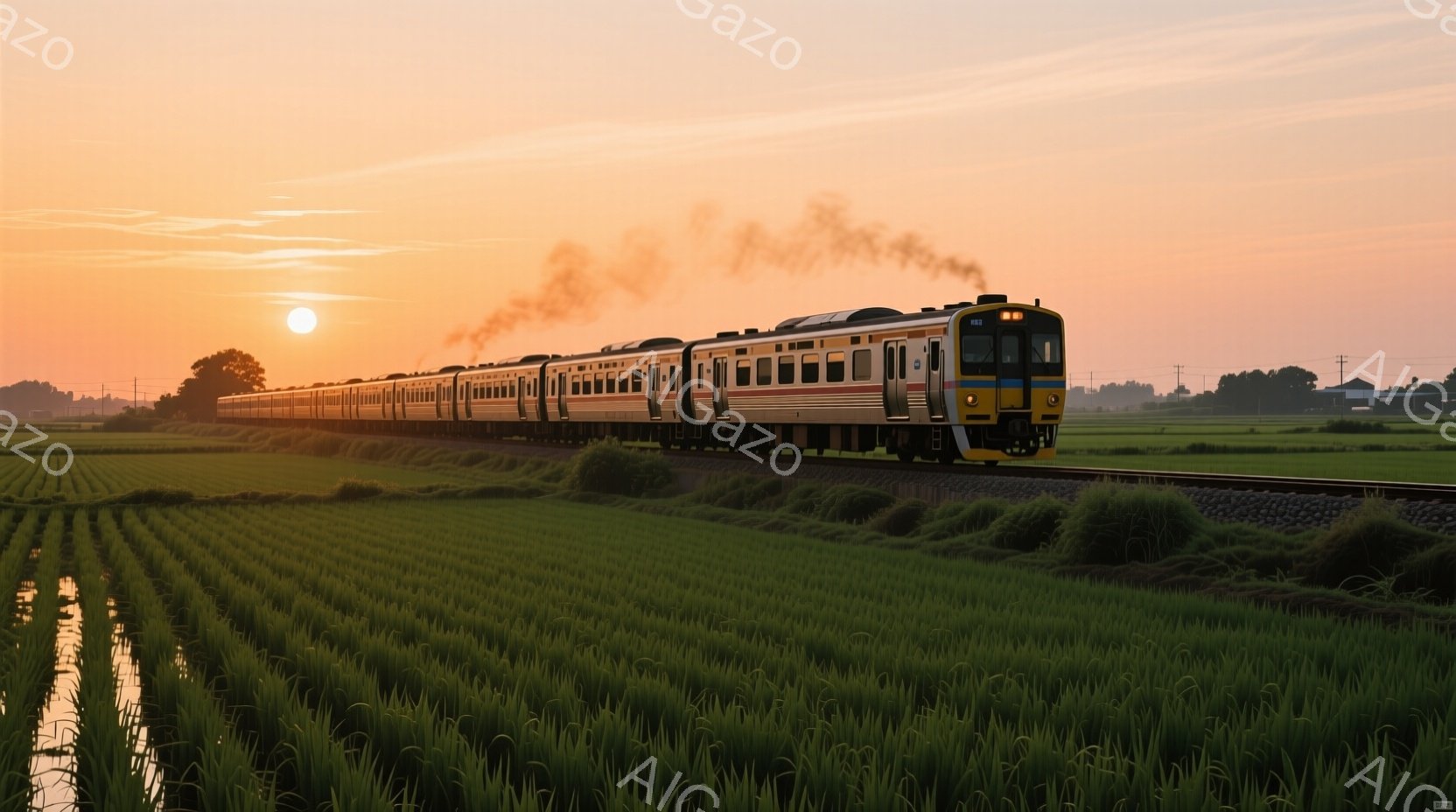 緑豊かな田園風景の中に、鮮やかな黄色のディーゼル機関車が牽引する長い列車が走っている。夕焼けに照らされた空はオレンジ色と赤色のグラデーションで、列車の背後で力強く昇る太陽が印象的だ。列車は煙を上げなが - AI生成フリー素材