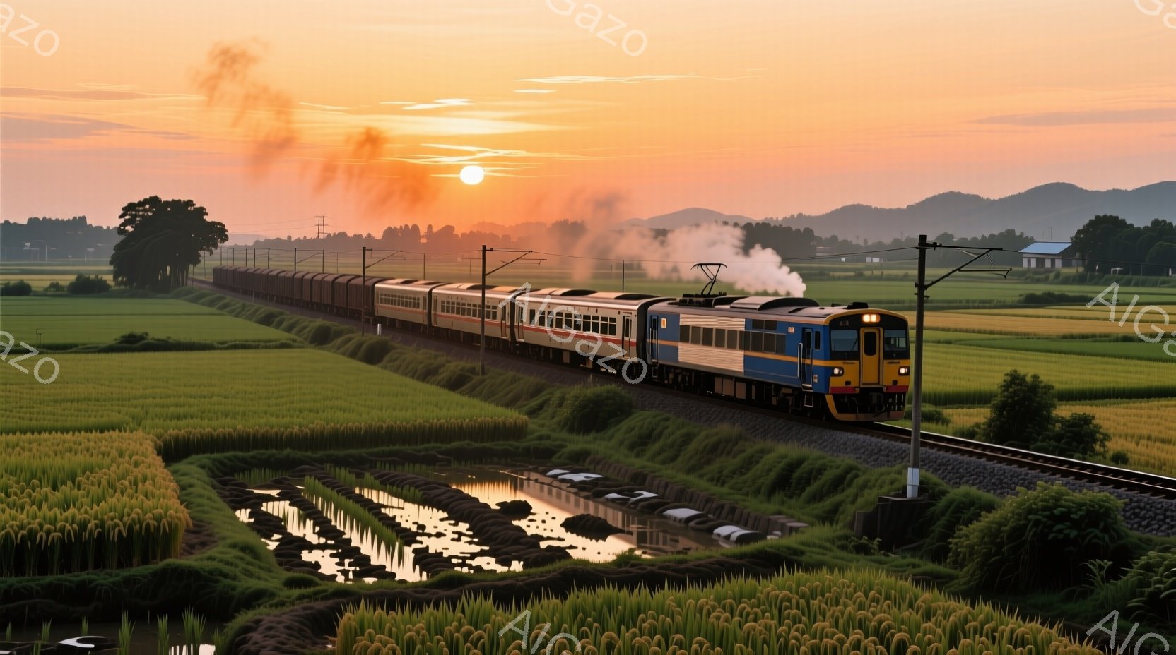 広大な田園風景の中を、青とクリーム色の列車が走っている。夕焼け空の下、田んぼに水が張られた風景が映り込み、列車から立ち上る煙がノスタルジックな雰囲気を醸し出している。遠景には山々が連なり、穏やかで平和 - AI生成フリー素材