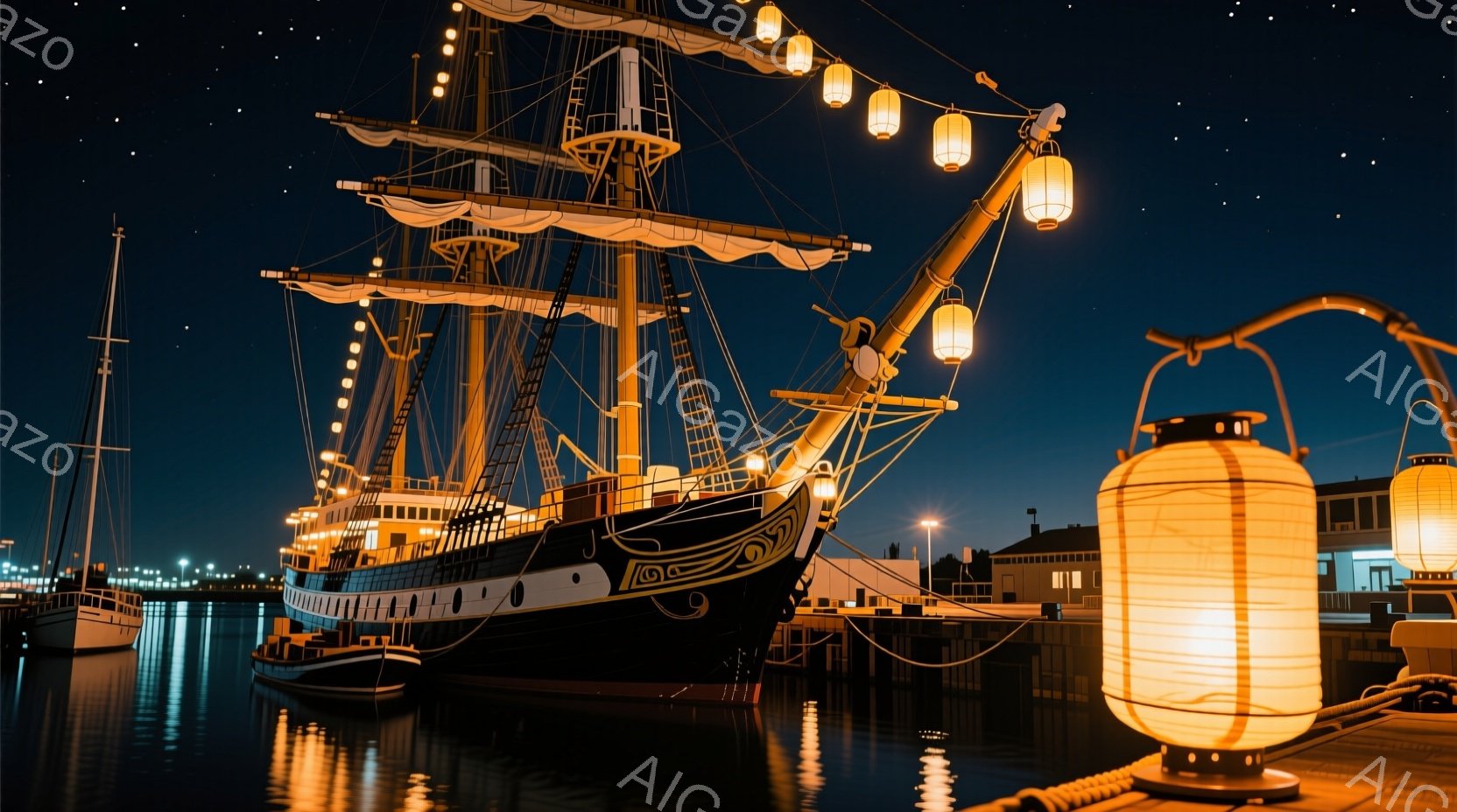 深夜の港に停泊した黒い帆船が印象的です。船体はライトアップされ、マストには提灯が飾られており、水面に美しい光の反射が広がっています。背景にはぼんやりと建物が見え、静かで幻想的な雰囲気が漂っています。