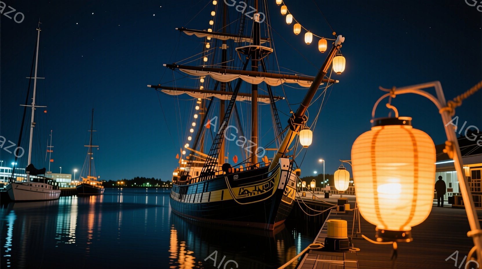 夜の港に、黒い帆船が静かに停泊している。船は提灯のようなオレンジ色の光で飾られ、水面に美しい光の反射が映り込んでいる。背景には他の船や建物が見え、夜空は暗く、穏やかな雰囲気を醸し出している。