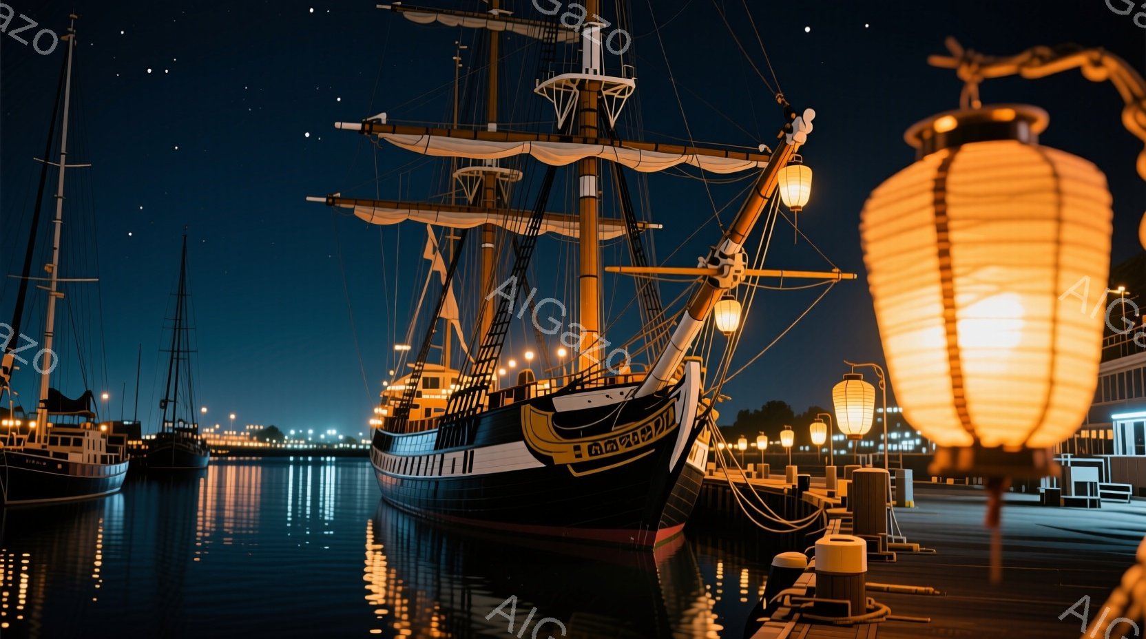深夜の港に停泊した黒塗りの帆船が印象的な光景です。船体はライトアップされ、水面に美しい光の反射が広がっています。背景には、ぼんやりと見える建物群と、港の桟橋に並んだ提灯が情緒的な雰囲気を醸し出しています。