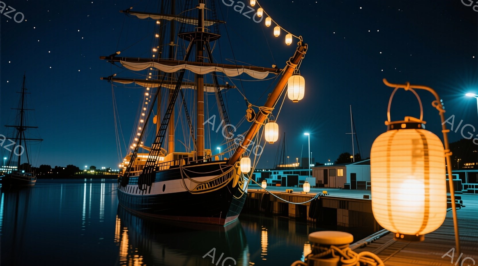 深夜の港に停泊した黒い帆船が印象的な光景です。船はライトで飾り付けられ、水面に美しい光の反射を作り出しています。背景には倉庫や建物が見え、夜空には星が輝き、静かで幻想的な雰囲気が漂っています。