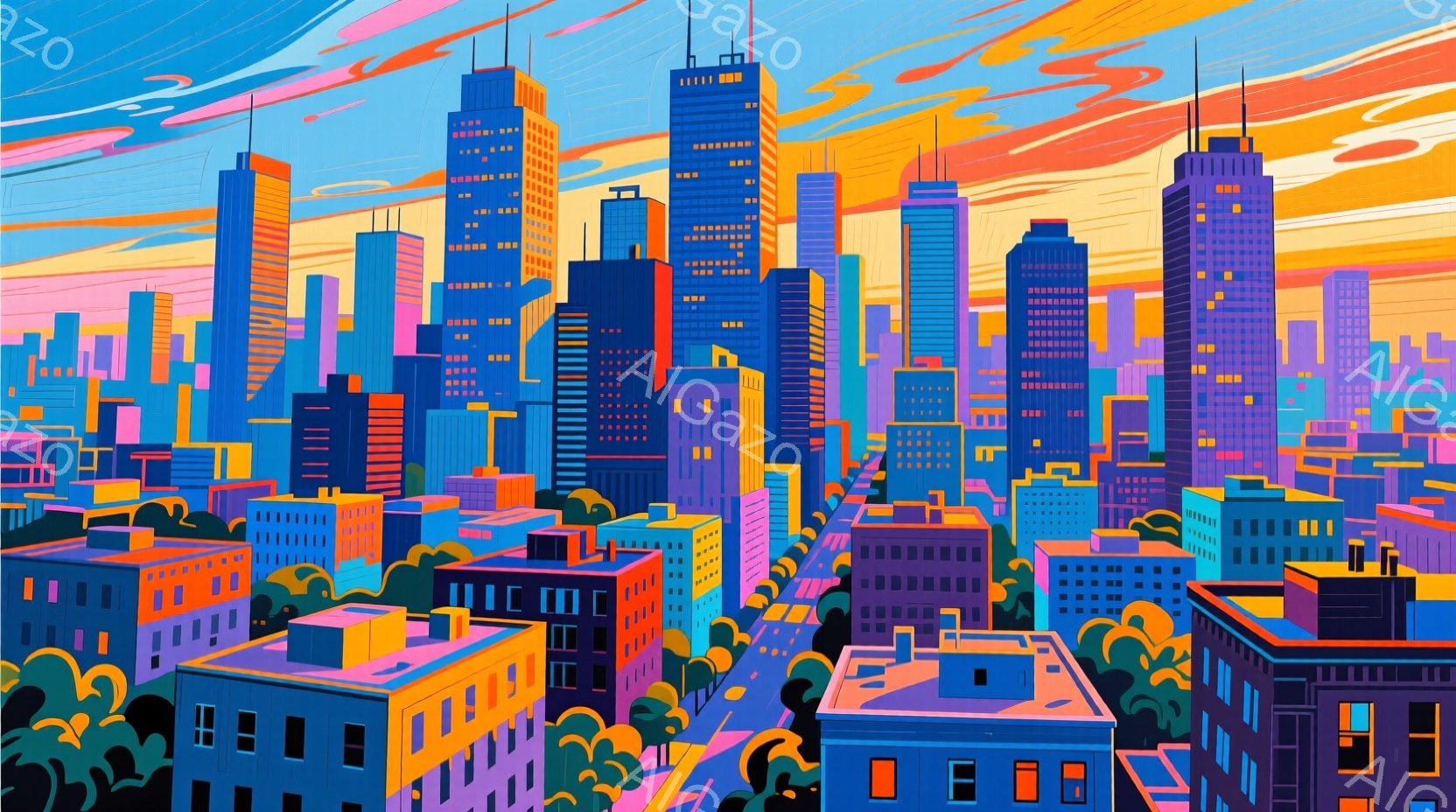 鮮やかな色彩で構成された都市景観が描かれている。高層ビル群が密集し、それぞれ異なる色合いで彩られ、その下にはカラフルな建物が並んでいる。背景には夕焼けのようなオレンジと紫色のグラデーションが広がり、都 - AI生成フリー素材