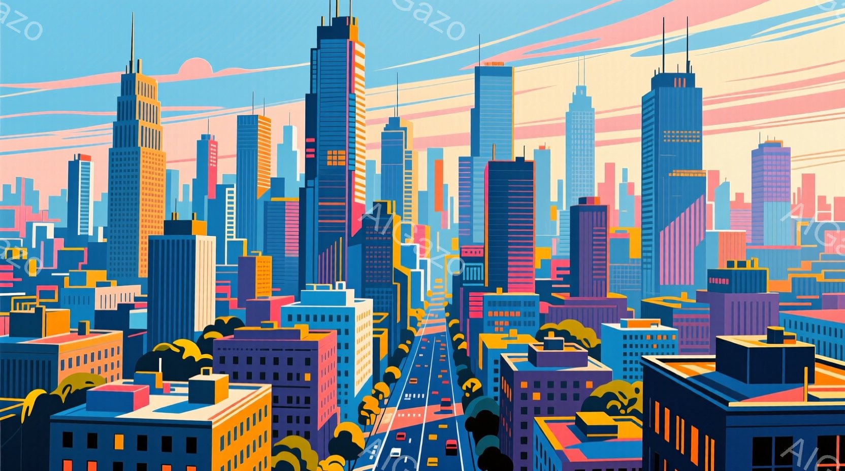 カラフルな高層ビル群が広がる都市の風景です。道路には自動車が走り、遠くには飛行機雲が見えます。全体的に鮮やかな色使いで、モダンで活気のある雰囲気です。 - AI生成フリー素材