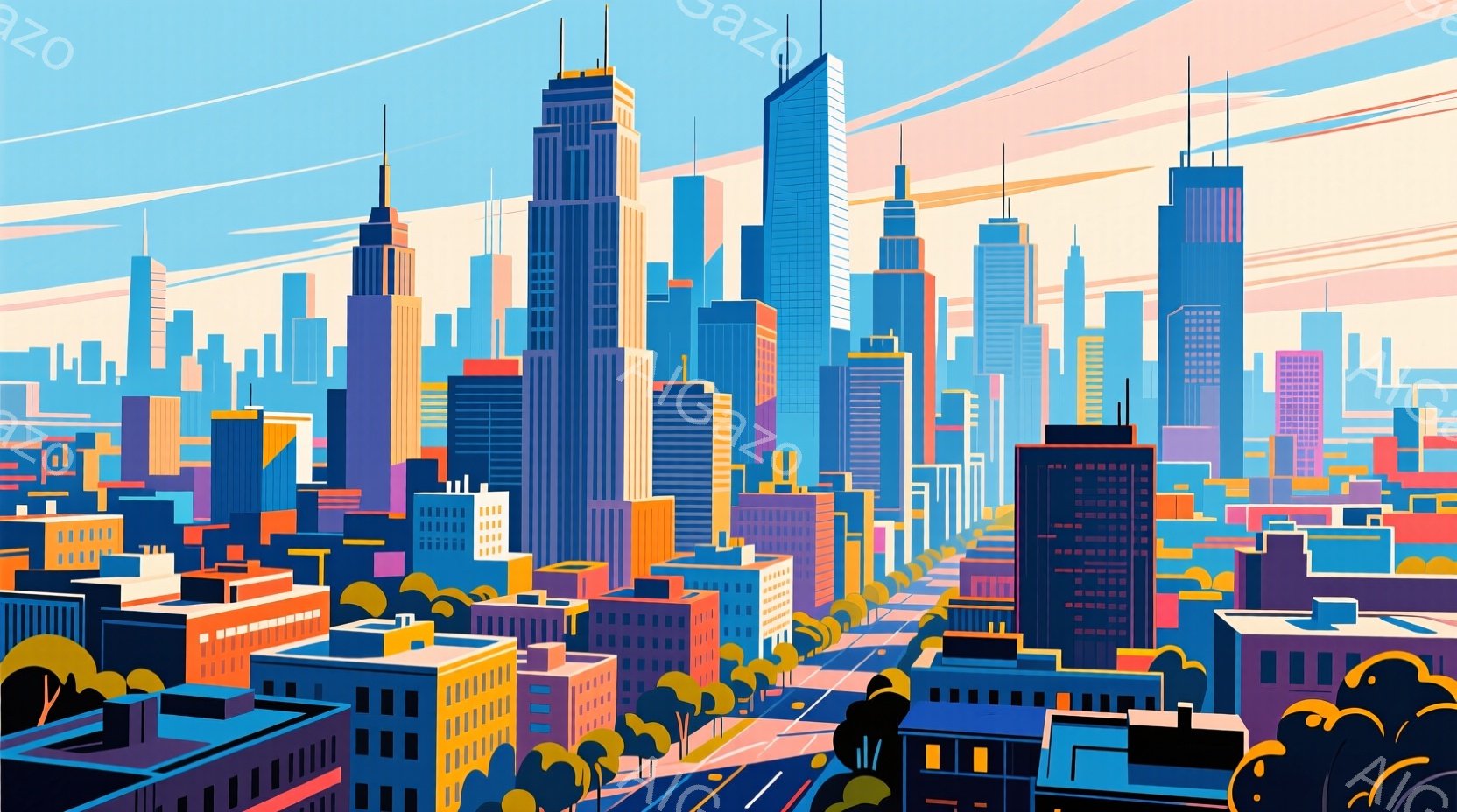 カラフルな高層ビル群が広がる都市景観です。建物は幾何学的な形状で構成され、鮮やかな青、紫、オレンジ色が使用されています。空には薄い雲が流れ、街全体が明るく、活気に満ちた雰囲気を醸し出しています。 - AI生成フリー素材