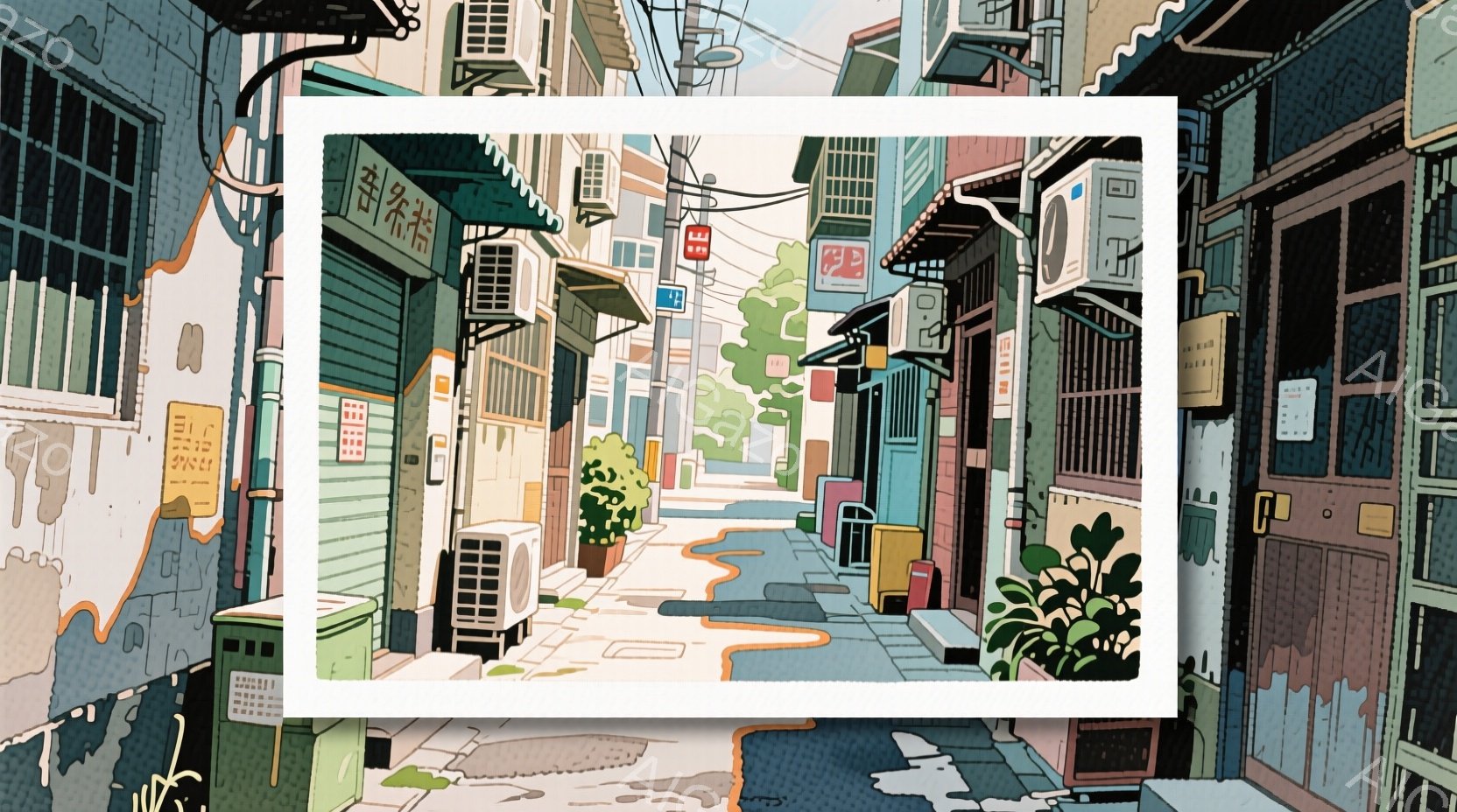 狭い路地を遠近法を用いて描いたイラストレーションです。建物は密集し、様々なエアコン室外機が取り付けられており、古びた木造家屋と近代的な建物が混在しています。路地にはわずかな緑が見られ、日差しの強い晴天で、どこか懐かしいノスタルジックな雰囲気が漂っています。