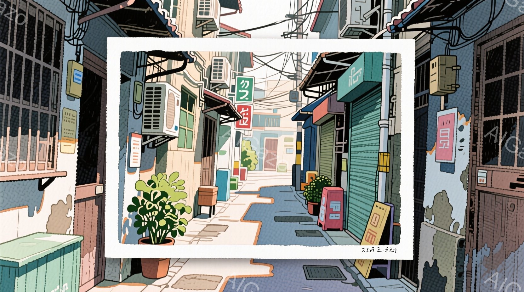 狭い路地が続く風景を描いています。古い建物が密集し、エアコンや電線が入り組んでおり、路地にはいくつかの郵便受けや植木鉢が置かれています。全体的に、どこか懐かしい、生活感あふれる雰囲気が漂っています。