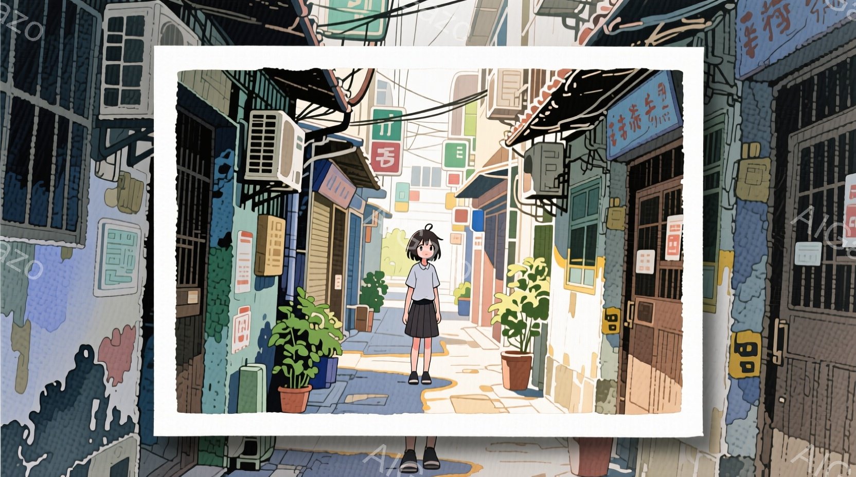少女は、水色のシャツに紺色のスカート、黒い靴を履いて、レンガ造りの路地に立っている。彼女は正面を向き、少し微笑んでいるように見える。背景には、色とりどりの建物が密集し、植物が飾られており、まるで古い街並みを彷彿とさせる、ノスタルジックで落ち着いた雰囲気である。