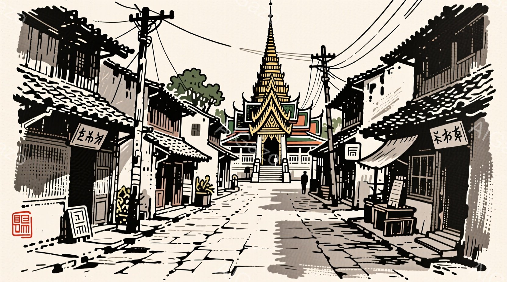 タイ様式の建物が並ぶ路地が描かれており、中央には精巧な装飾が施された寺院が見える。路地には数人の人々がおり、それぞれ日常的な服装で歩いているか、立ち止まって周囲を見ている様子だ。建物は少し古びており、路地には影が落ち、全体的に静かで落ち着いた雰囲気を醸し出している。