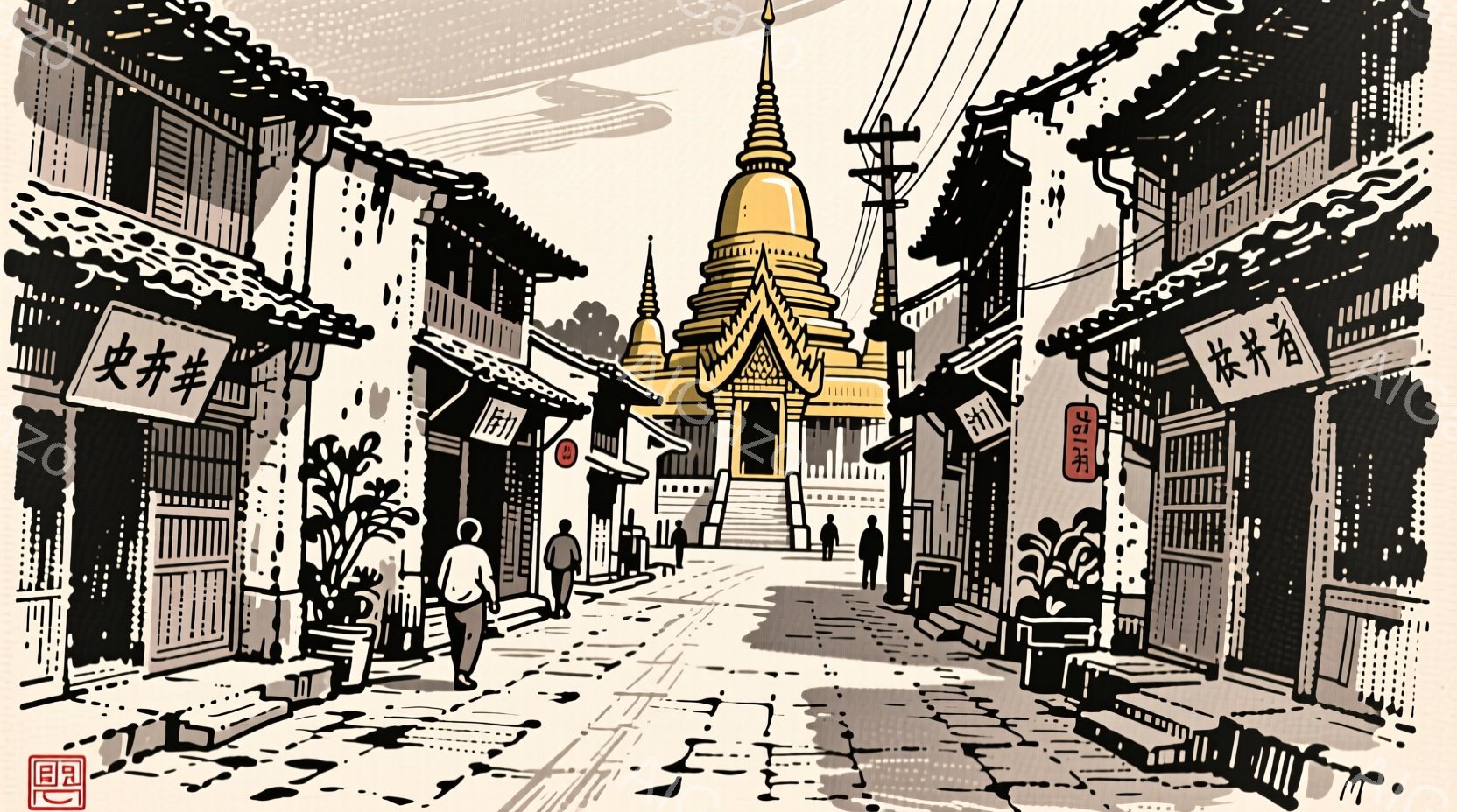 タイ様式の建物が並ぶ通りを描いています。人々はカジュアルな服装で、リラックスした様子で歩いています。背景には黄金色の仏塔が聳え立ち、街並みに異国情緒を与えています。