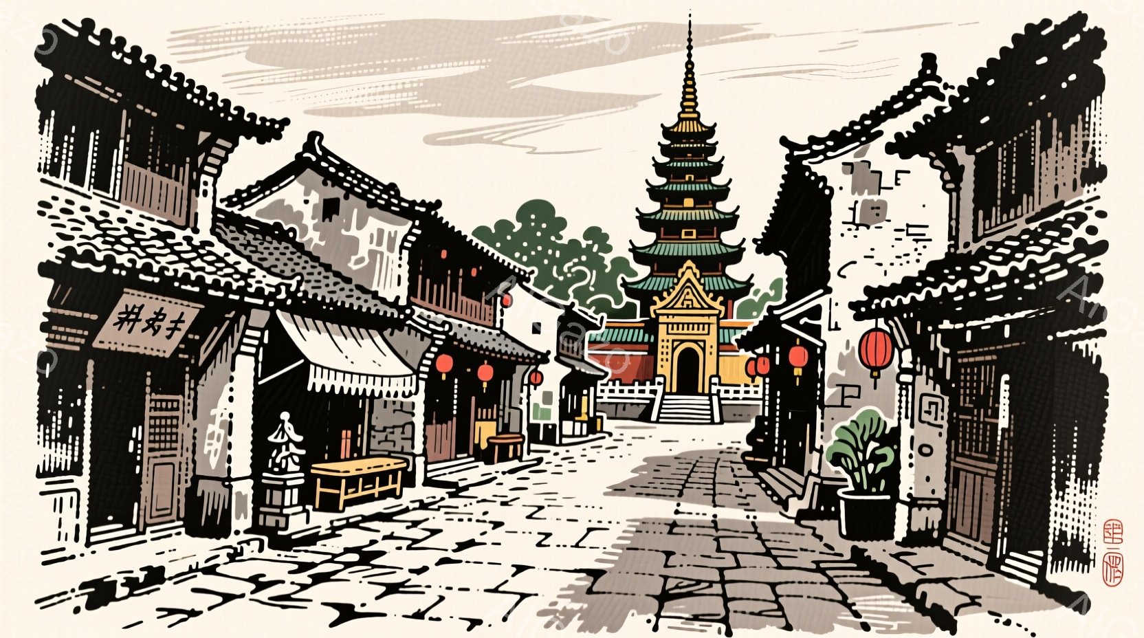 古都の街並みが、高い塔を中心にして広がっている様子が描かれている。瓦屋根の家々が左右に並び、石畳の道が塔へと続いている。全体的に落ち着いた色調で、静かで歴史的な雰囲気が漂っている。 - AI生成フリー素材