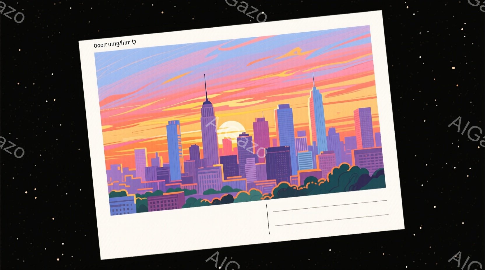 鮮やかな夕焼けを背景に、高層ビル群がシルエットで描かれている風景です。建物は様々な高さと色合いを持ち、まるで都市のパノラマのようです。手前に緑色の丘が見え、都市と自然のコントラストが印象的で、落ち着いた暖かな雰囲気を醸し出しています。