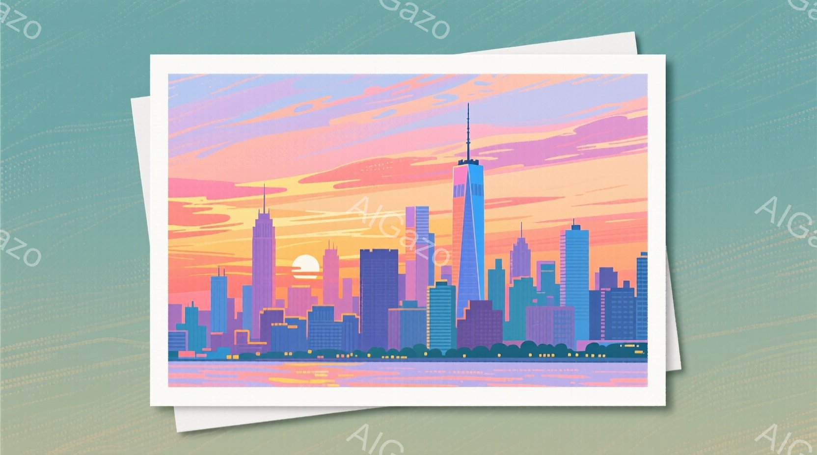 夕焼けを背景にしたニューヨークのスカイラインを描いています。オレンジ、ピンク、紫の色調が混ざり合い、高層ビル群がシルエットとして浮かび上がっています。水面には夕日の光が反射し、穏やかで幻想的な雰囲気を - AI生成フリー素材