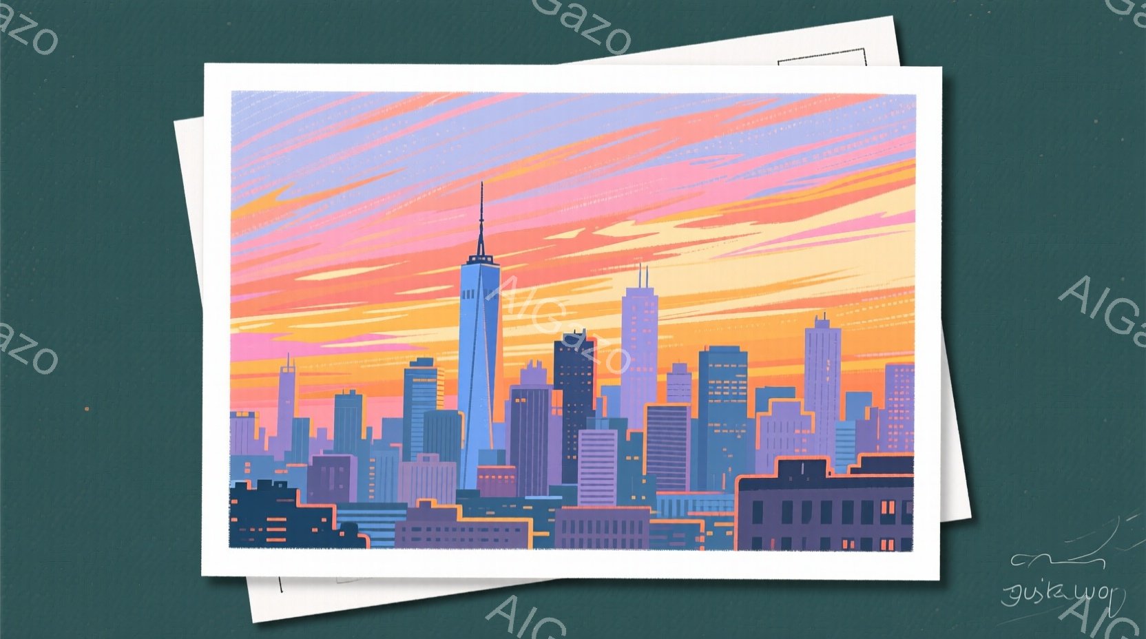 夕焼けを背景にした都市のスカイラインを描いています。高層ビル群はシンプルで幾何学的な形をしており、ピンク、オレンジ、青の色調で表現されています。全体的に、穏やかで夢のような雰囲気を醸し出しており、都会 - AI生成フリー素材