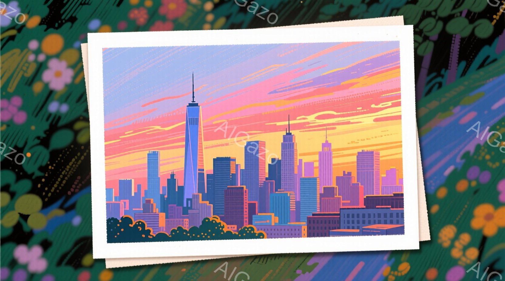 夕暮れ時のニューヨークの摩天楼を描いたイラストレーションです。オレンジと紫のグラデーションが空を彩り、高層ビル群がシルエットのように浮かび上がっています。手前に緑の木々が描かれ、都市と自然のコントラストが印象的です。