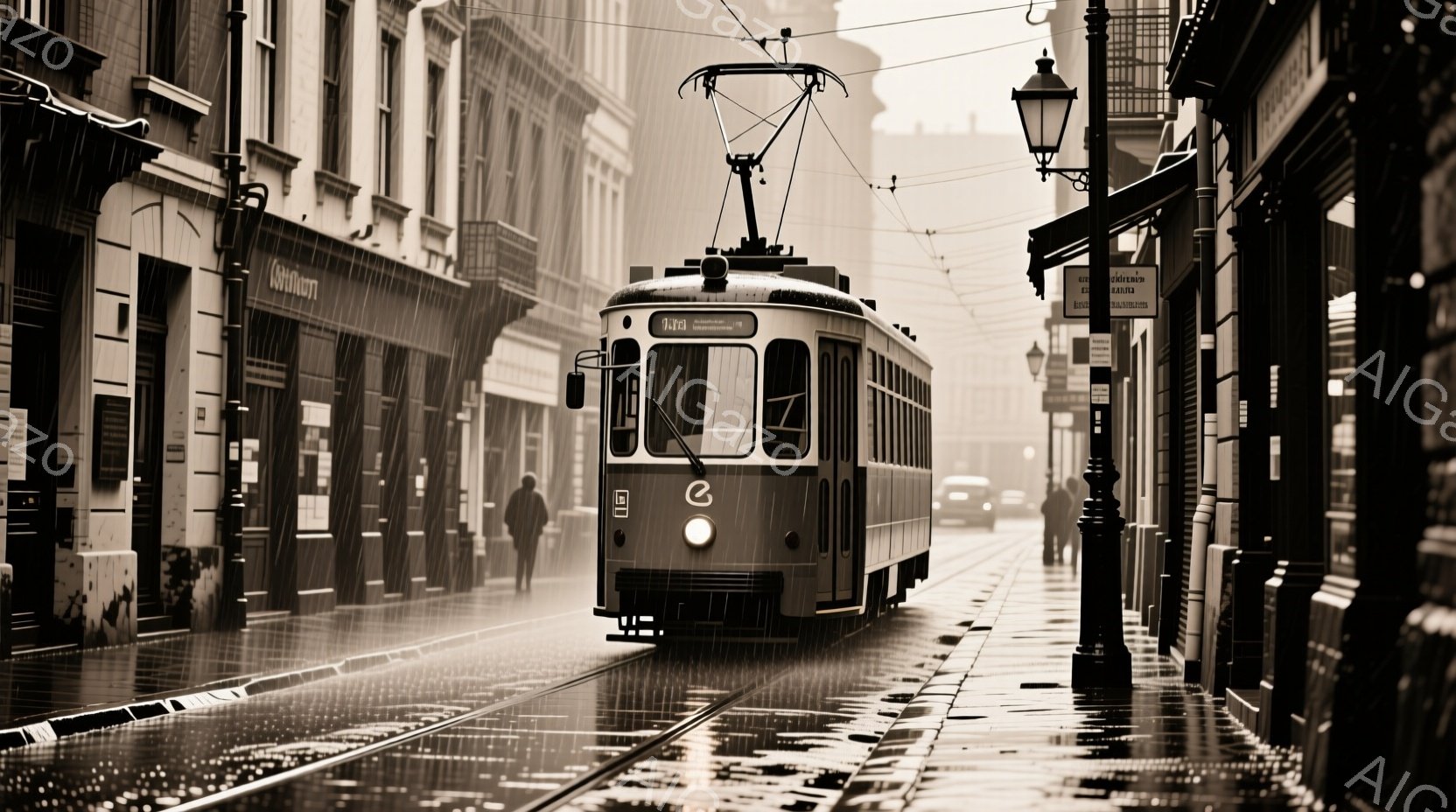 濡れた石畳の通りを、古風なトロッコ電車が走っている。雨が降っており、路面は水たまりで光り、建物は灰色の陰影に包まれている。遠くに見える歩行者は暗いコートを着ており、雨の中を歩いている様子が、物静かで憂鬱な雰囲気を醸し出している。
