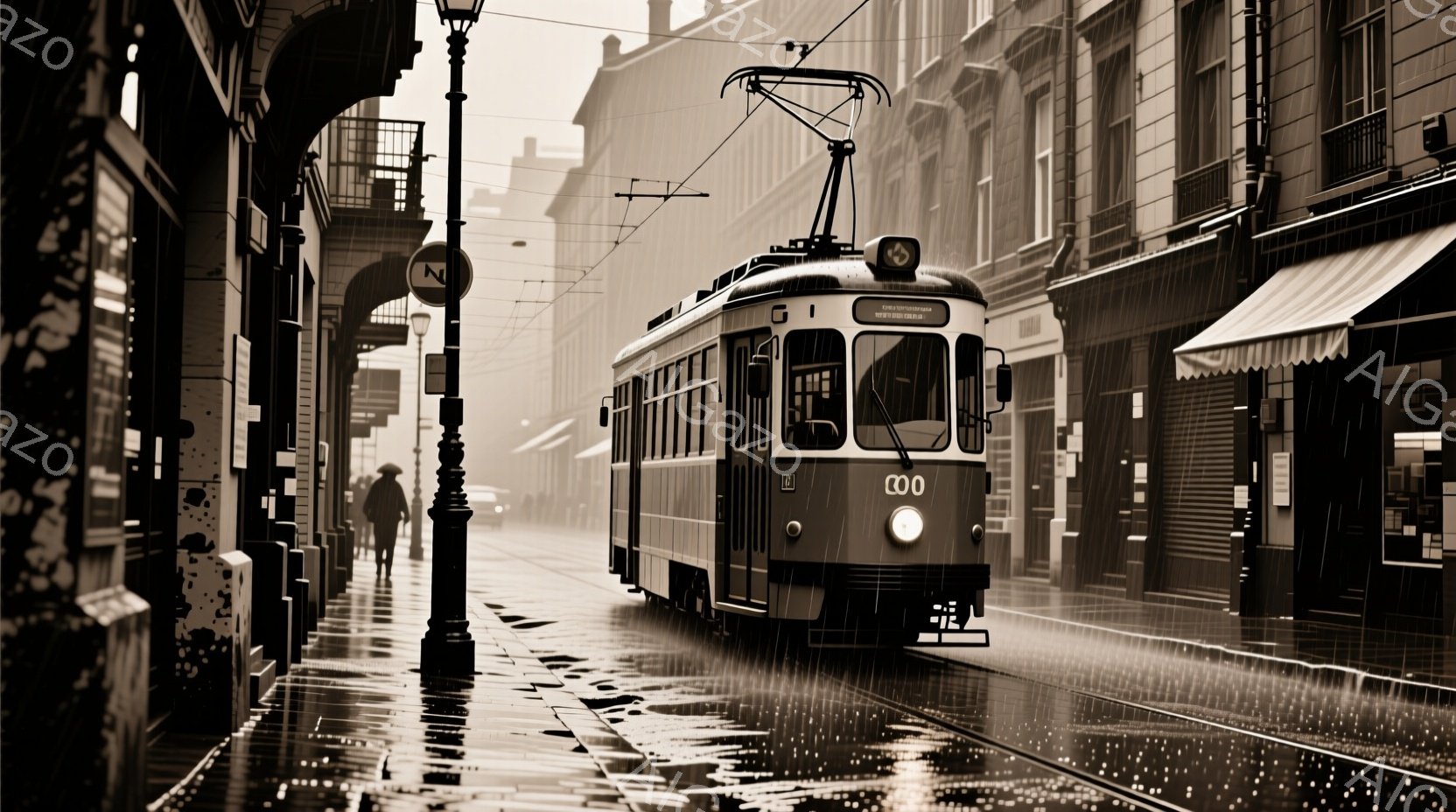 道路には雨が降り、路面電車が濡れた石畳の上を走っている。建物は古風で、窓枠や看板が並び、商店のシャッターは閉まっている。全体的に薄暗く、ノスタルジックで静かな雰囲気が漂っている。