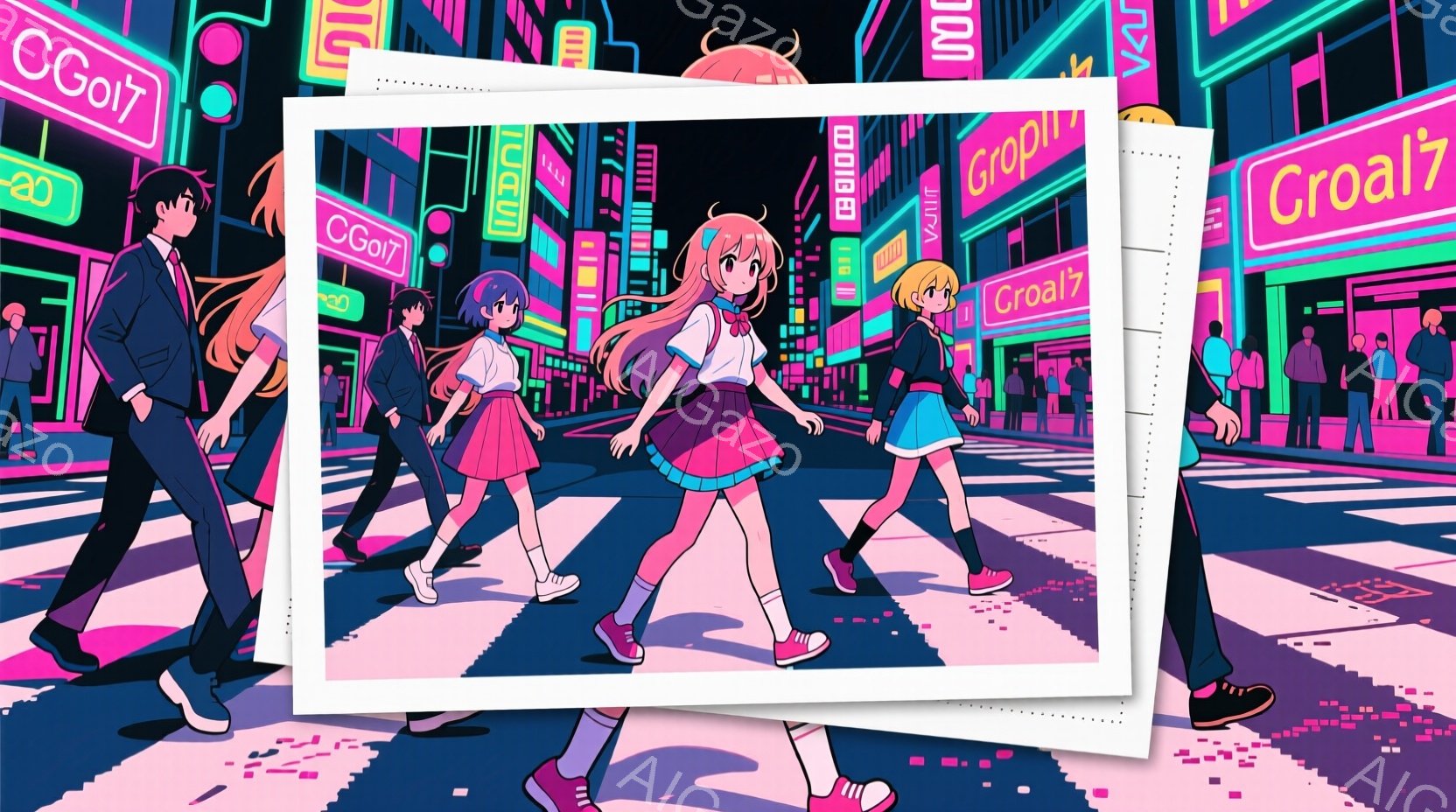 鮮やかなネオンが輝く夜の都市を舞台に、ピンク色の髪をツインテールにした少女が歩行者横断歩道を歩いている。彼女は白いシャツにピンクのスカート、黒い靴を履いており、表情ははっきりとは見えないが、活気に満ち - AI生成フリー素材