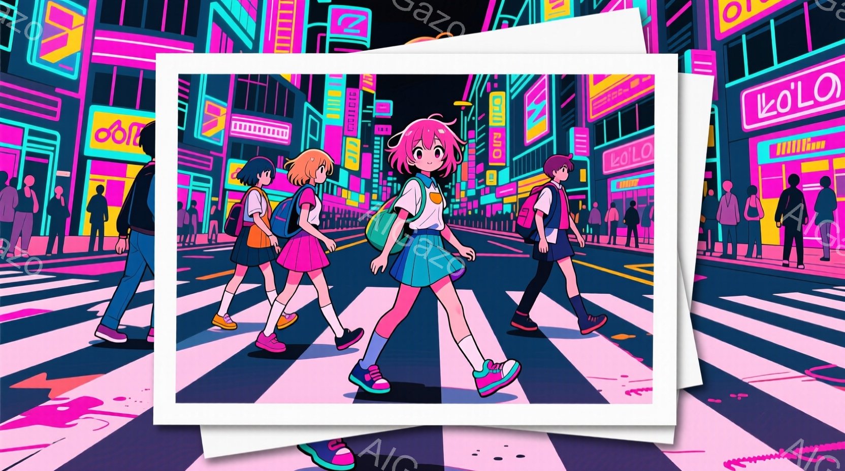 鮮やかなネオンが照らす夜の街を、制服姿の少女たちが横断歩道を歩いている。ピンク色の髪の少女は、少し顔を上げて前を見据え、青いスカートと白い靴を履いている。背景には高層ビル群とネオンサインが立ち並び、活気と未来的な雰囲気が漂う。