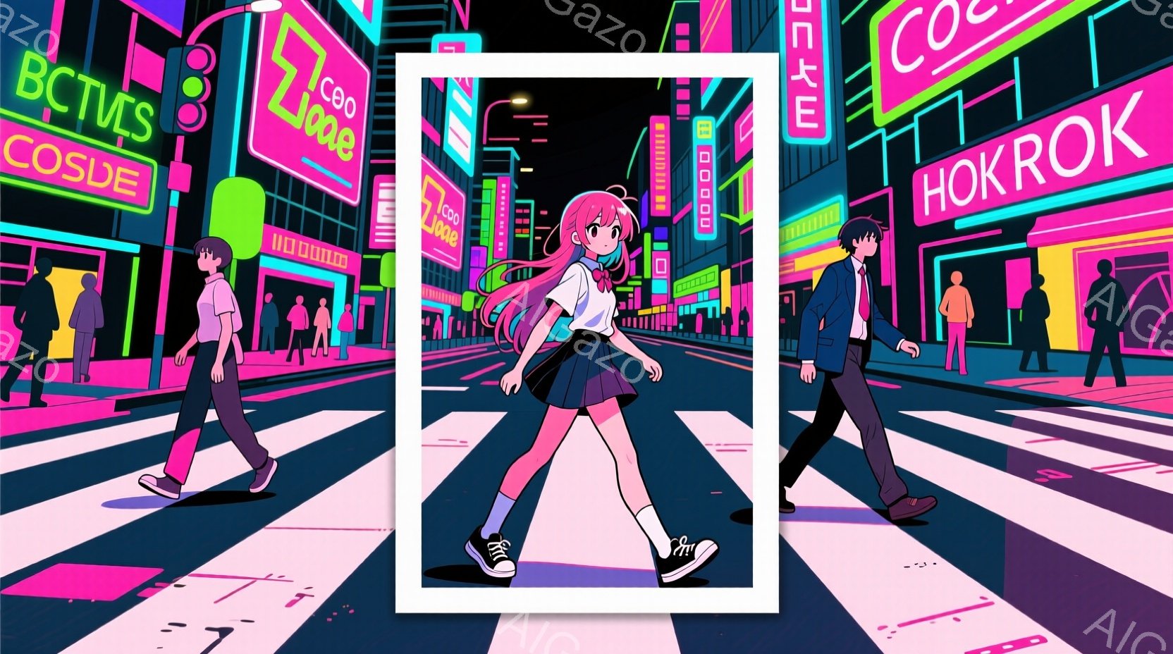鮮やかなネオンが輝く都市の横断歩道に、若い女性と男性が歩いています。女性は赤いセーラー服に黒いリボン、長い黒髪で、活発に歩いています。背景には、カラフルな看板が並ぶビル群が広がっており、夜の賑やかな都 - AI生成フリー素材